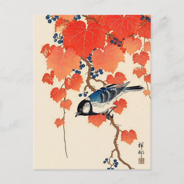 Vintager japanischer Jay Bird und Herbstgrapevine Postkarte (Vorderseite)