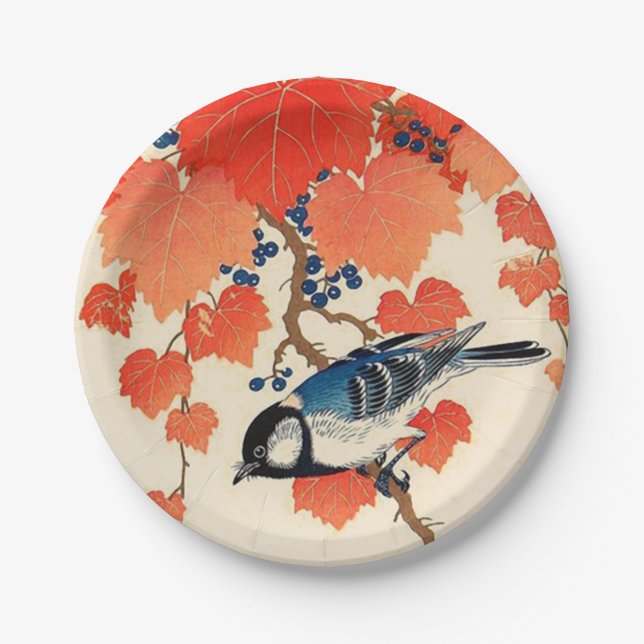 Vintager japanischer Jay-Vogel und Pappteller (Vorderseite)