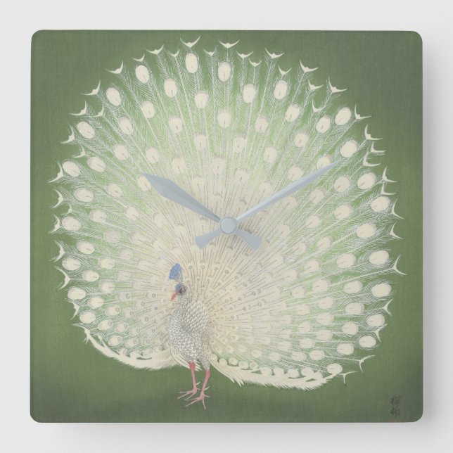 Vintager japanischer Pfau der feinen Kunst-| Quadratische Wanduhr (Vorderseite)