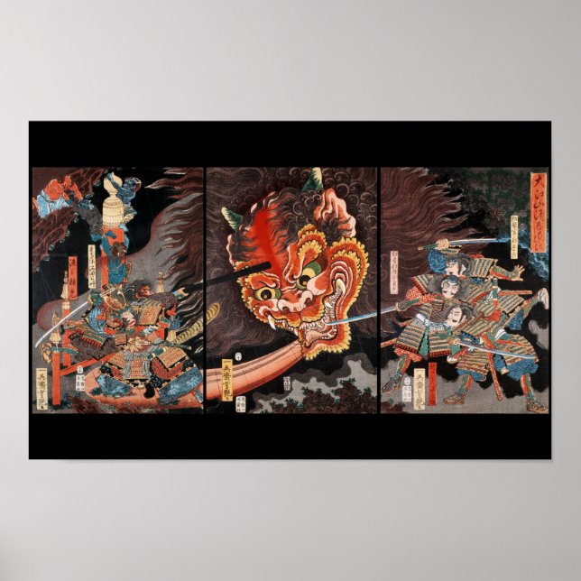 Vintager japanischer Triptych: Samurai vs. Oni Kin Poster (Vorne)