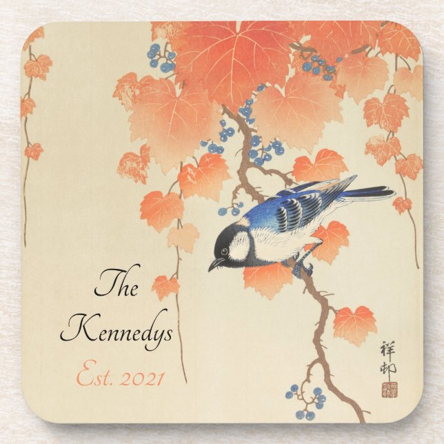 Vintager japanischer Vogel-Print Getränkeuntersetzer (Vorderseite)