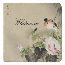 Vintager japanischer Vogel und rosa Blüten drucken