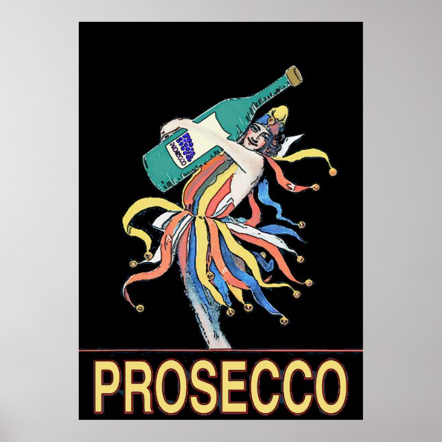 Vintager Jester mit Prosecco-Flasche, Poster (Vorne)