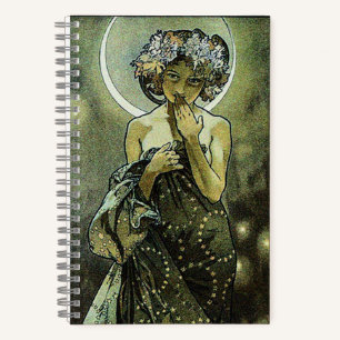 Vintager Jugendstil-Mond von Alphonse Mucha Notizbuch