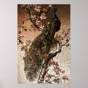 Vintager Jugendstil-Pfau zum Blumenstrauß Poster