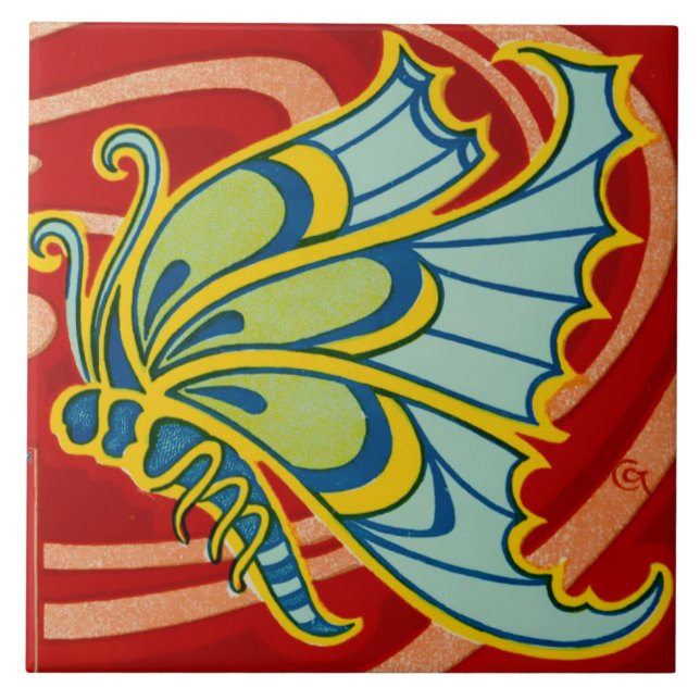 Vintager Jugendstil-Schmetterling von Gisbert Comb Fliese (Vorderseite)