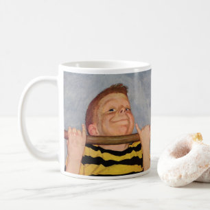 Vintager Junge, der Chin Ups, Fitness und Übung ma Tasse