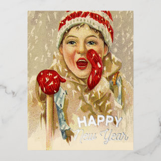 Vintager Junge im Schnee - Neujahr Folien Feiertagspostkarte