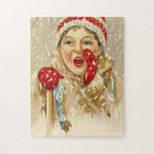 Vintager Junge im Schnee Puzzle