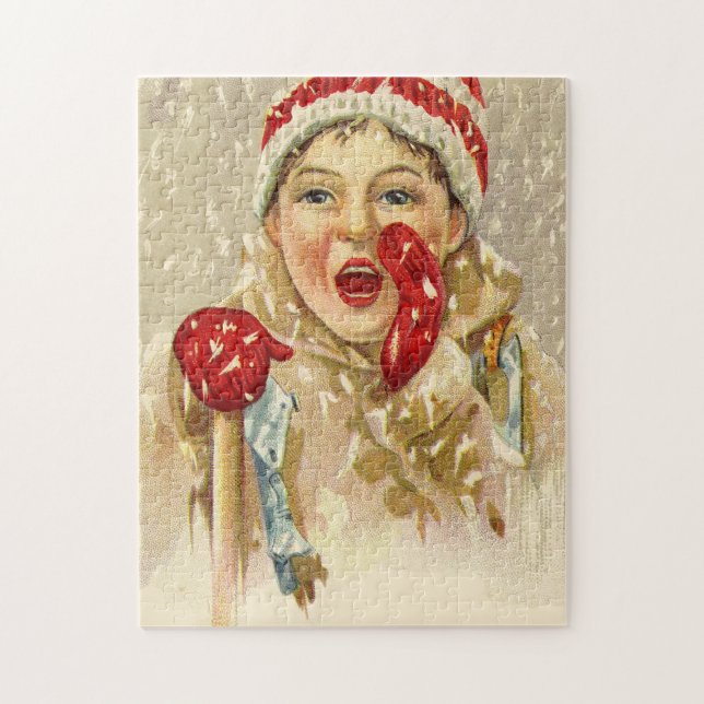 Vintager Junge im Schnee Puzzle (Vertikal)