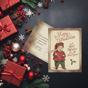 Vintager Junge in Weihnachtsmannmütze Candy Cane Feiertagspostkarte