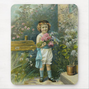 Vintager Junge mit Garten-Blume Mousepad