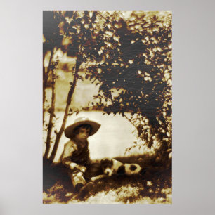 Vintager Junge mit Hund an der Erholung Leinwand d Poster