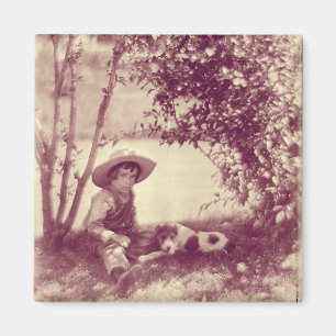 Vintager Junge mit Hund auf Erholung Magnet