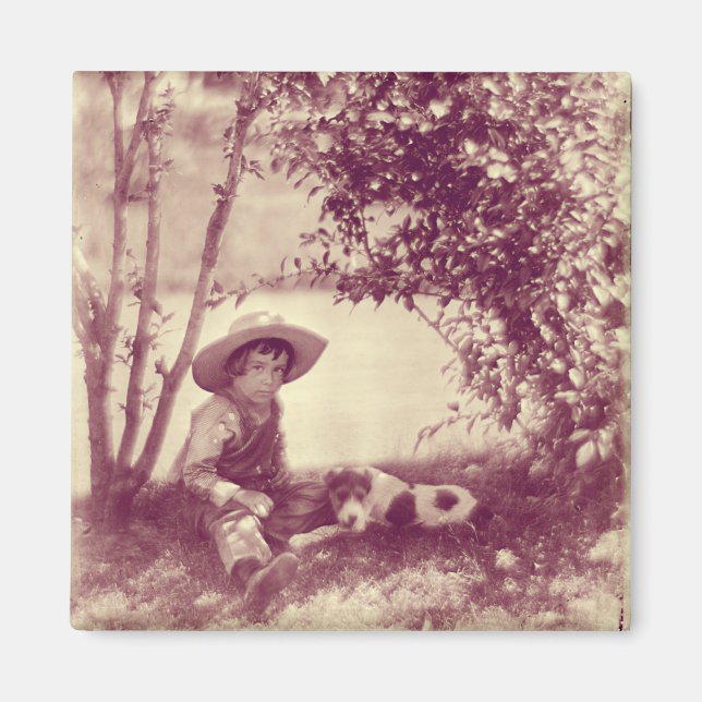 Vintager Junge mit Hund auf Erholung Magnet (Vorne)