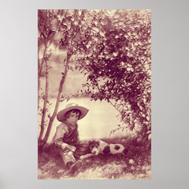Vintager Junge mit Hund auf Erholung Poster (Vorne)