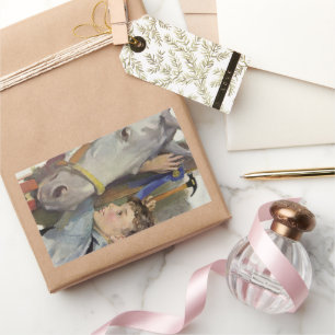 Vintager Junge mit seinem blauen Ribbon-Siegespfer Rechteckiger Aufkleber