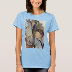 Vintager Junge mit seinem blauen Ribbon-Siegespfer T-Shirt