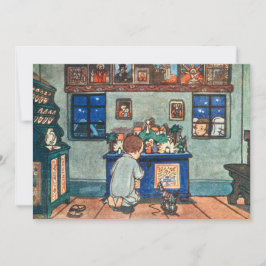 Vintager Junge mit Weihnachtsspielzeug-Malerei Feiertagskarte