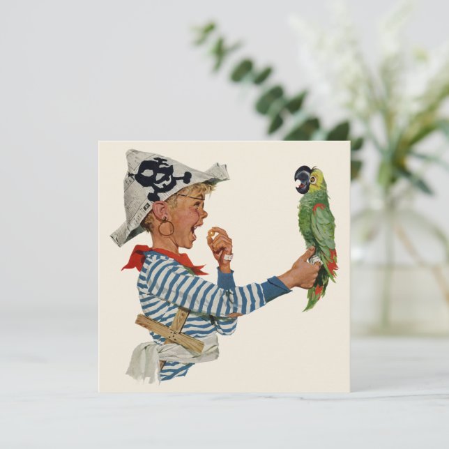 Vintager Junge Pirate mit Parrot Einladung (Stehend Vorderseite)
