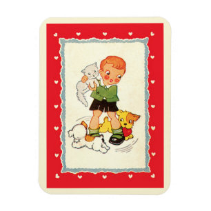 Vintager Junge Rette ein Kätzchen von Racing Welpe Magnet