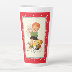 Vintager Junge Rette ein Kätzchen von Racing Welpe Milchtasse