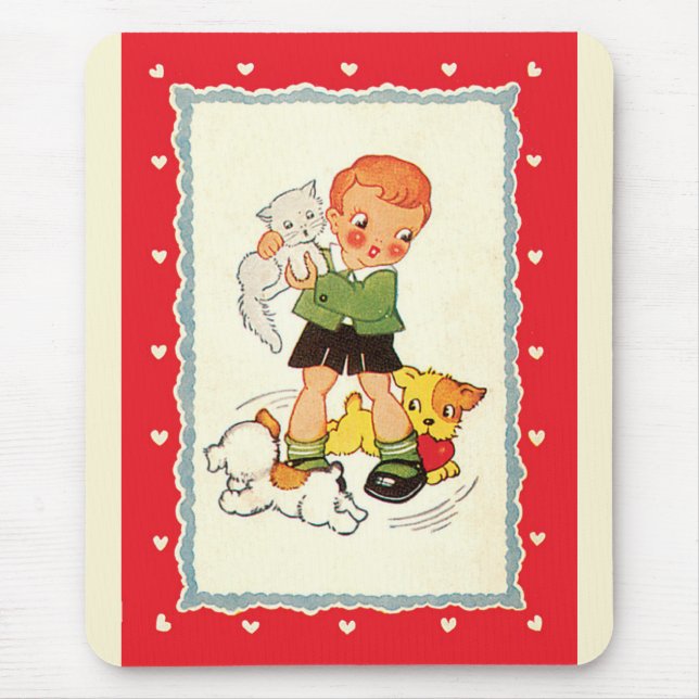 Vintager Junge Rette ein Kätzchen von Racing Welpe Mousepad (Vorne)