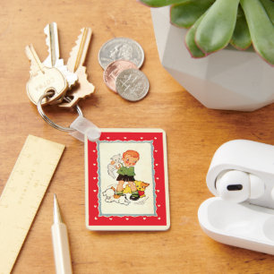 Vintager Junge Rette ein Kätzchen von Racing Welpe Schlüsselanhänger