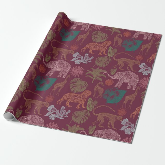Vintager Jungle Safari Pink Geschenkpapier (Ungerollt)
