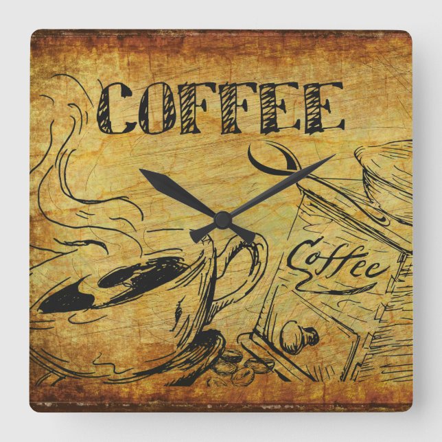 Vintager Kaffee-Cup Quadratische Wanduhr (Vorderseite)