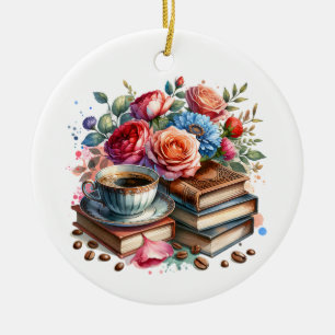 Vintager Kaffee-Cup und Blume in Rise und Shine Keramik Ornament