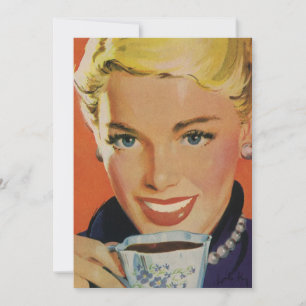 Vintager Kaffee, glückliche Frau mit Retro Coffee Einladung