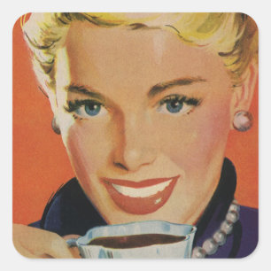 Vintager Kaffee, glückliche Frau mit Retro Coffee  Quadratischer Aufkleber