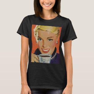 Vintager Kaffee, glückliche Frau mit Retro Coffee  T-Shirt
