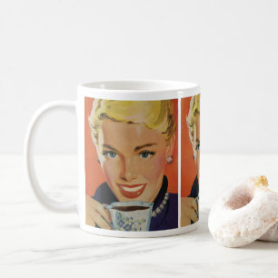 Vintager Kaffee, glückliche Frau mit Retro Coffee Tasse