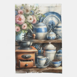 Vintager Kaffeebecher Töpfchen blau Geschirrtuch