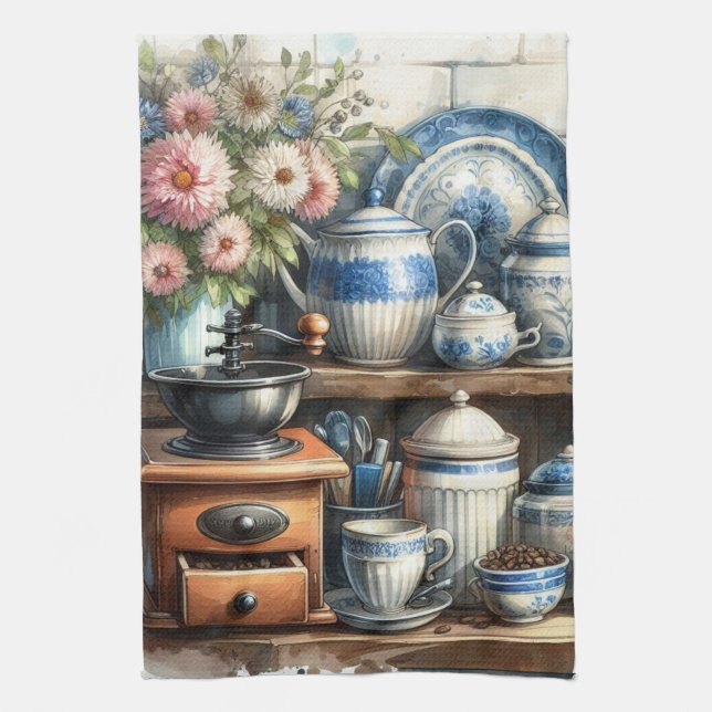 Vintager Kaffeebecher Töpfchen blau Geschirrtuch (Vertikal)