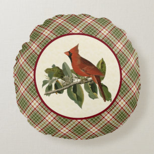 Vintager Kardinal mit Wald Weihnachten Kariert Rundes Kissen