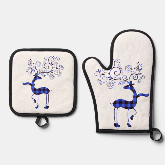 Vintager Karierter Rentier Ofenhandschuh & Topflappen-Set (Vorderseite)