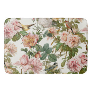 Vintager Kernpunkt Rosa botanische Rose und Vögel Badematte