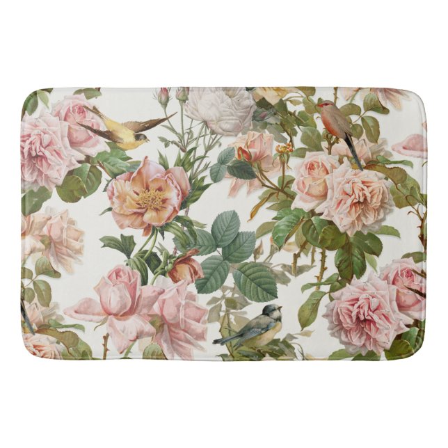 Vintager Kernpunkt Rosa botanische Rose und Vögel Badematte (Vorderseite)