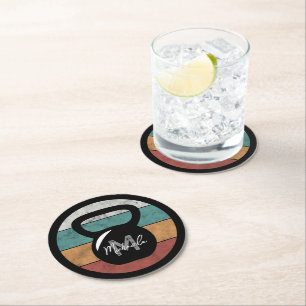 Vintager kettlebell benutzerdefinierter Monogrammn Runder Pappuntersetzer