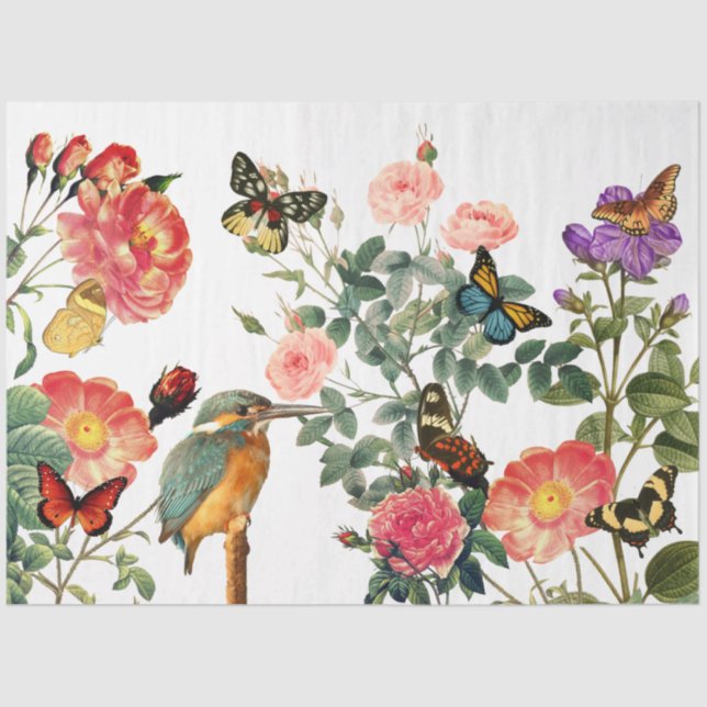 Vintager Kingfisher, Blume Schmetterlinge Decoupag Seidenpapier (Vorderseite)