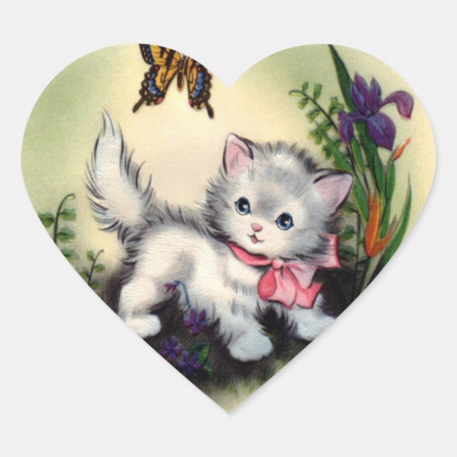 Vintager Kittensticker Herz-Aufkleber (Vorderseite)
