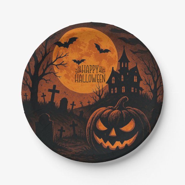 Vintager, klassischer Halloween-Kürbis Pappteller (Vorderseite)