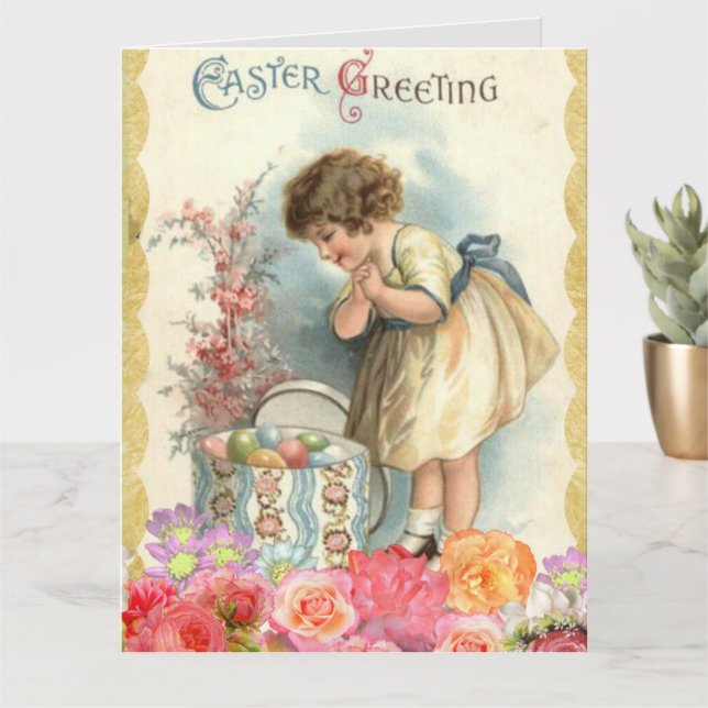 Vintager kleiner Girl-Ostern Karte (Kleine Pflanze)