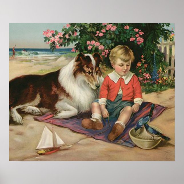 Vintager kleiner Junge, Collie und Bluebirds Poste Poster (Vorne)