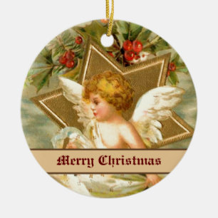 Vintager kleiner niedlicher Weihnachtsgel und Ster Keramikornament