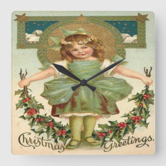 Vintager kleines Mädchen-Weihnachtsgruß Quadratische Wanduhr