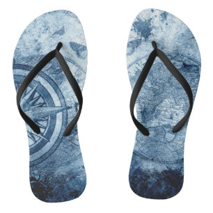 Vintager Kompass Blue Grunge Nautic Chart Flip Flops